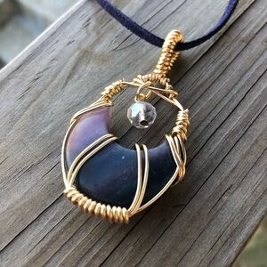 Wire Wrapped Purple Blue Fluorite Crescent Moon Crystal Pendant Necklace